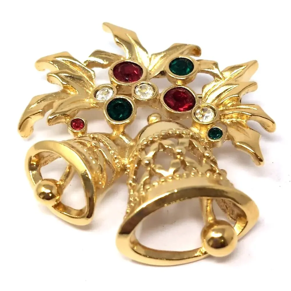VTG Avon Jewelry Christmas Brooch Bells Gold Tone Red Green‎ Clear Rhinestones